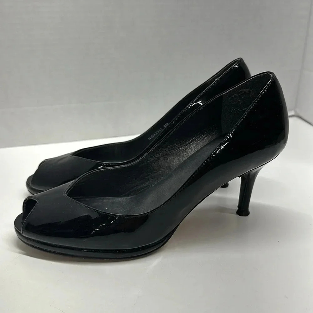 Stuart Weitzman Heels High Heel Pumps Shoe Peep Toe Shiny Patent Leather Black 8